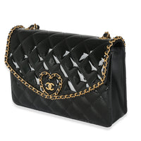 24A Black Quilted Patent Chain Around Heart Flap Bag