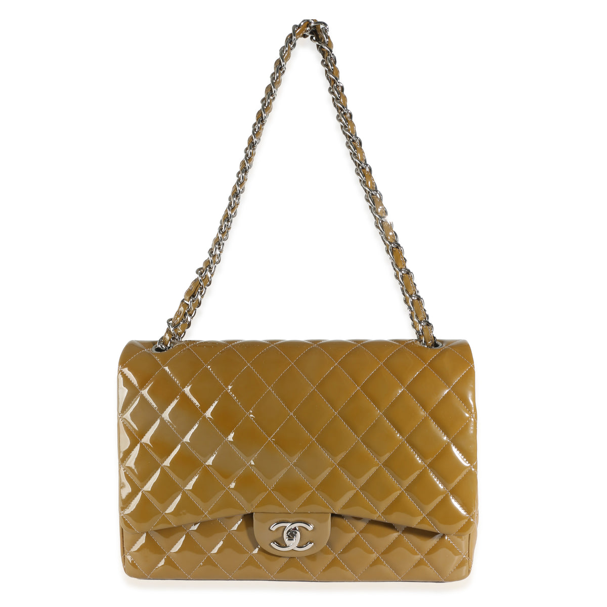 Khaki Quilted Patent Maxi Double Flap Bag