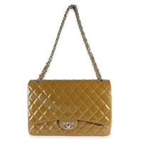 Khaki Quilted Patent Maxi Double Flap Bag