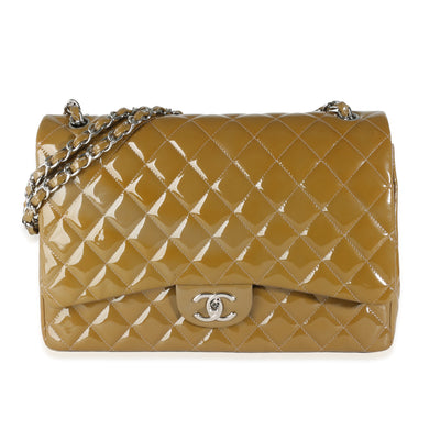 Khaki Quilted Patent Maxi Double Flap Bag