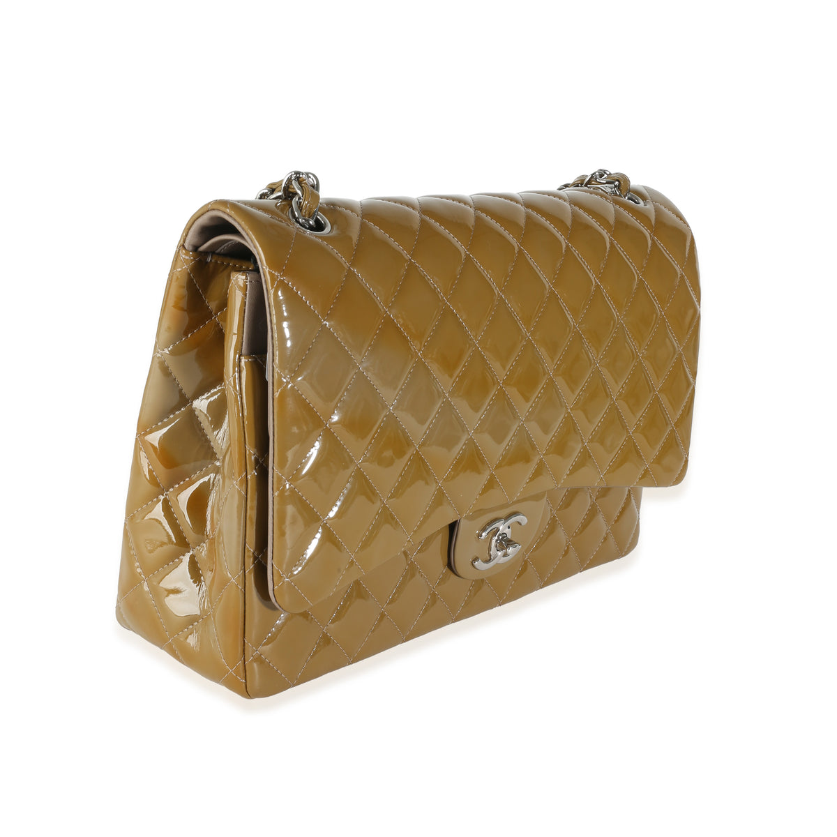 Khaki Quilted Patent Maxi Double Flap Bag