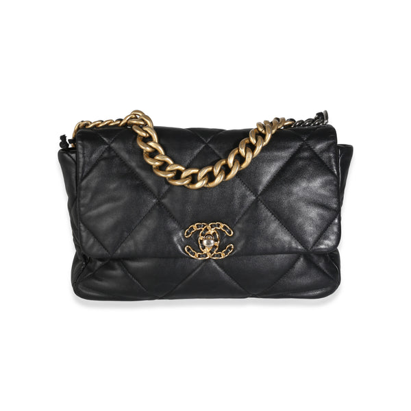 Black Quilted Shiny Lambskin Medium Chanel 19 Flap Bag