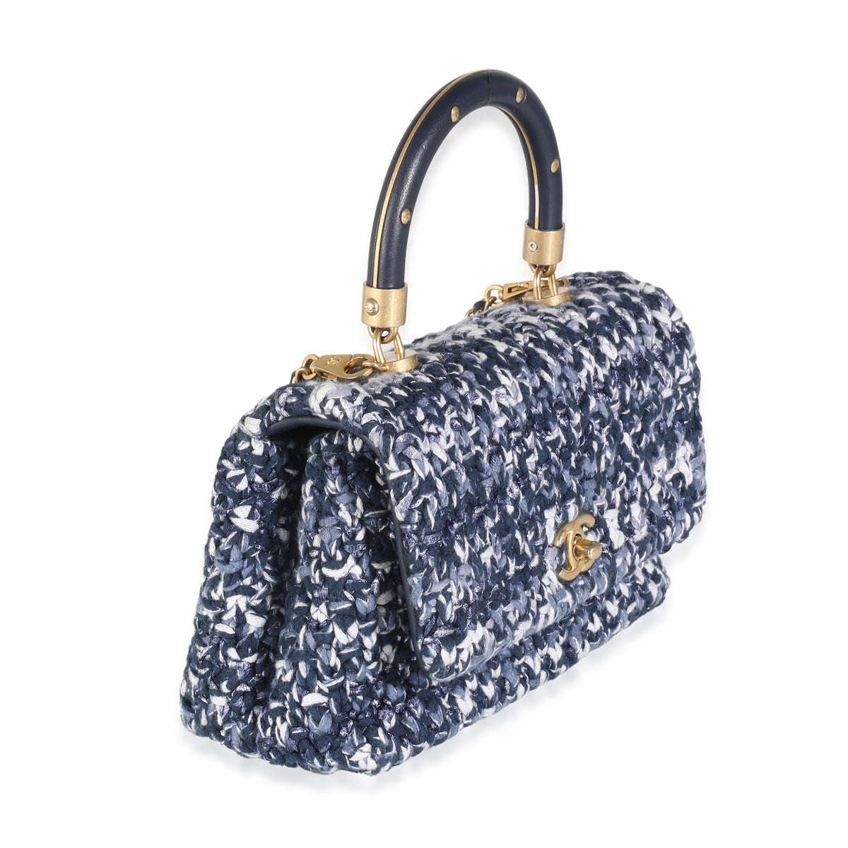 Blue Crochet Mini Coco Top Handle Flap Bag