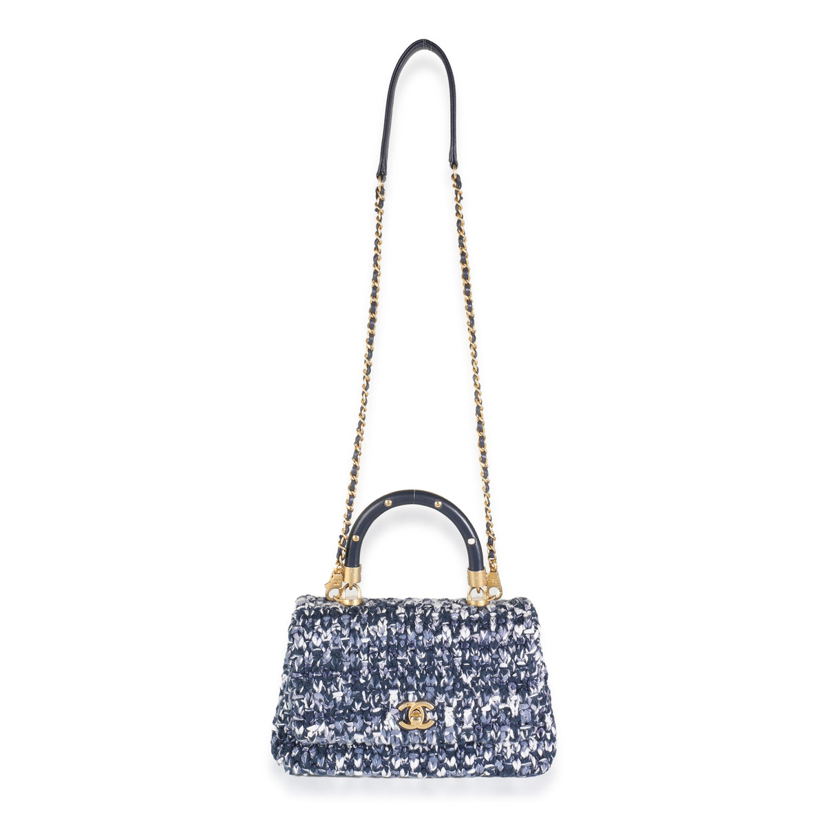 Blue Crochet Mini Coco Top Handle Flap Bag