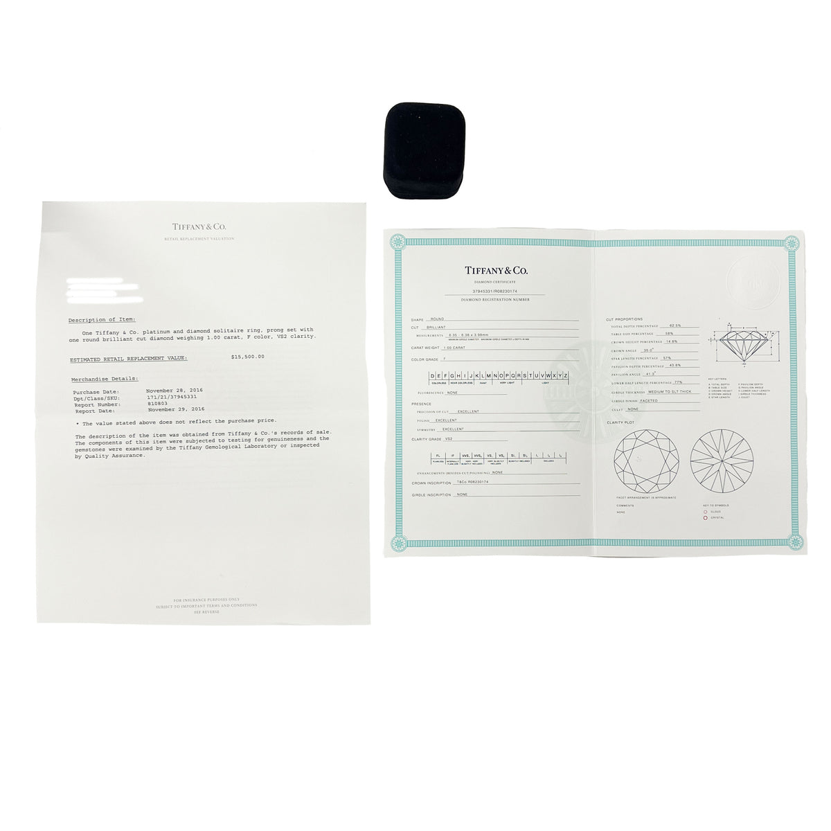 Tiffany & Co. Solitaire Engagement Ring in Platinum F VS2 1.00 CTW box