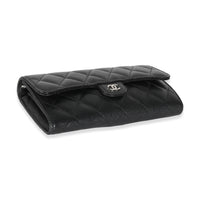 Black Quilted Caviar Classic Long Flap Wallet