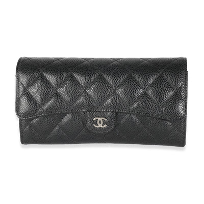 Black Quilted Caviar Classic Long Flap Wallet