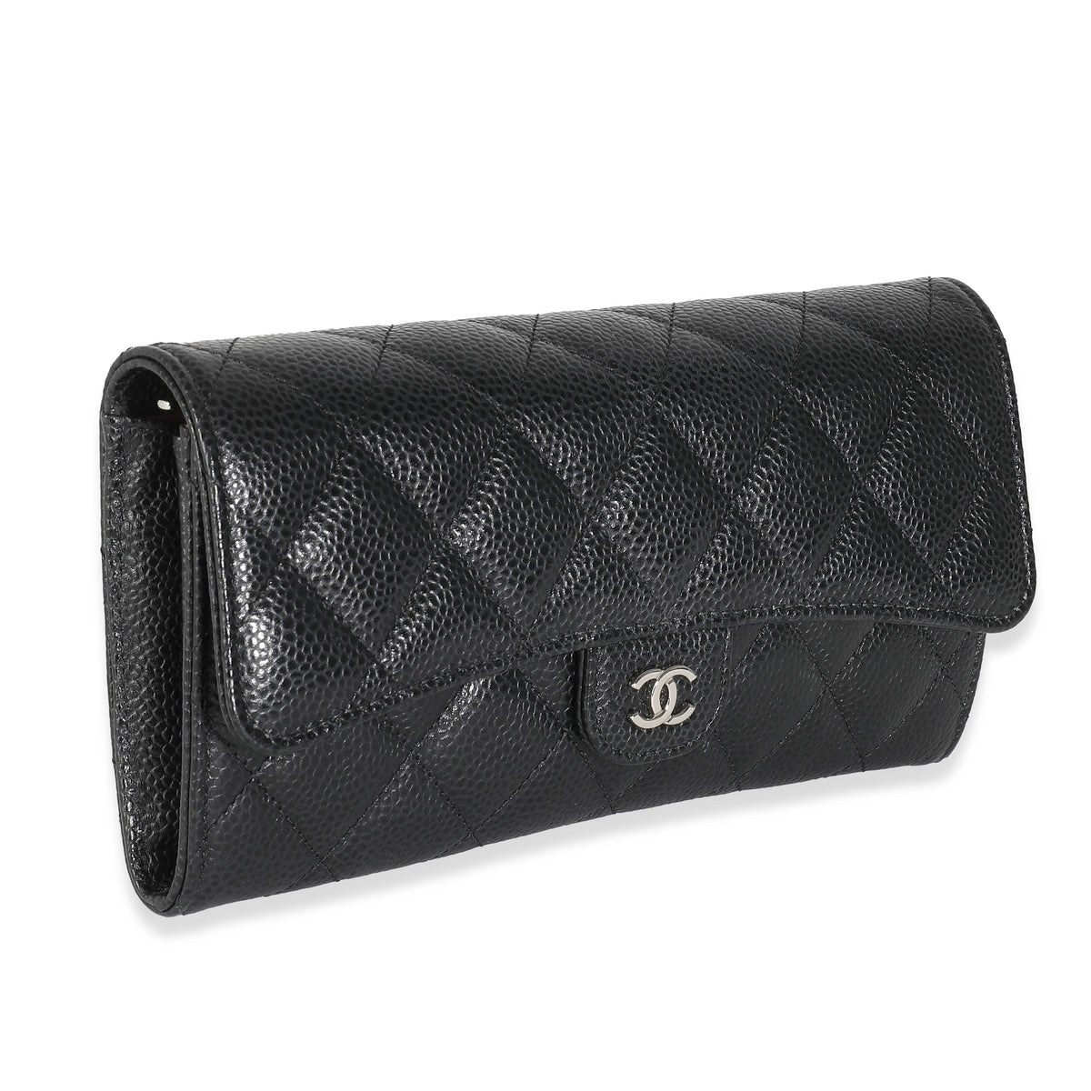 Black Quilted Caviar Classic Long Flap Wallet