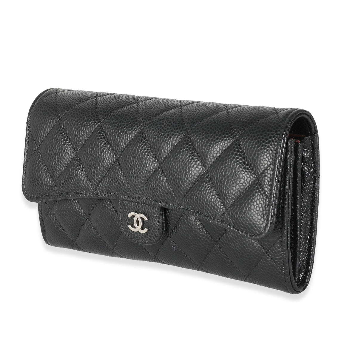 Black Quilted Caviar Classic Long Flap Wallet