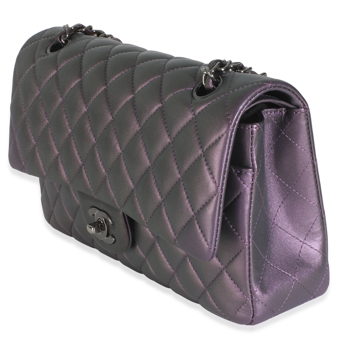 Chanel Purple Quilted Iridescent Lambskin Medium Classic Double Flap Bag Handbag sv
