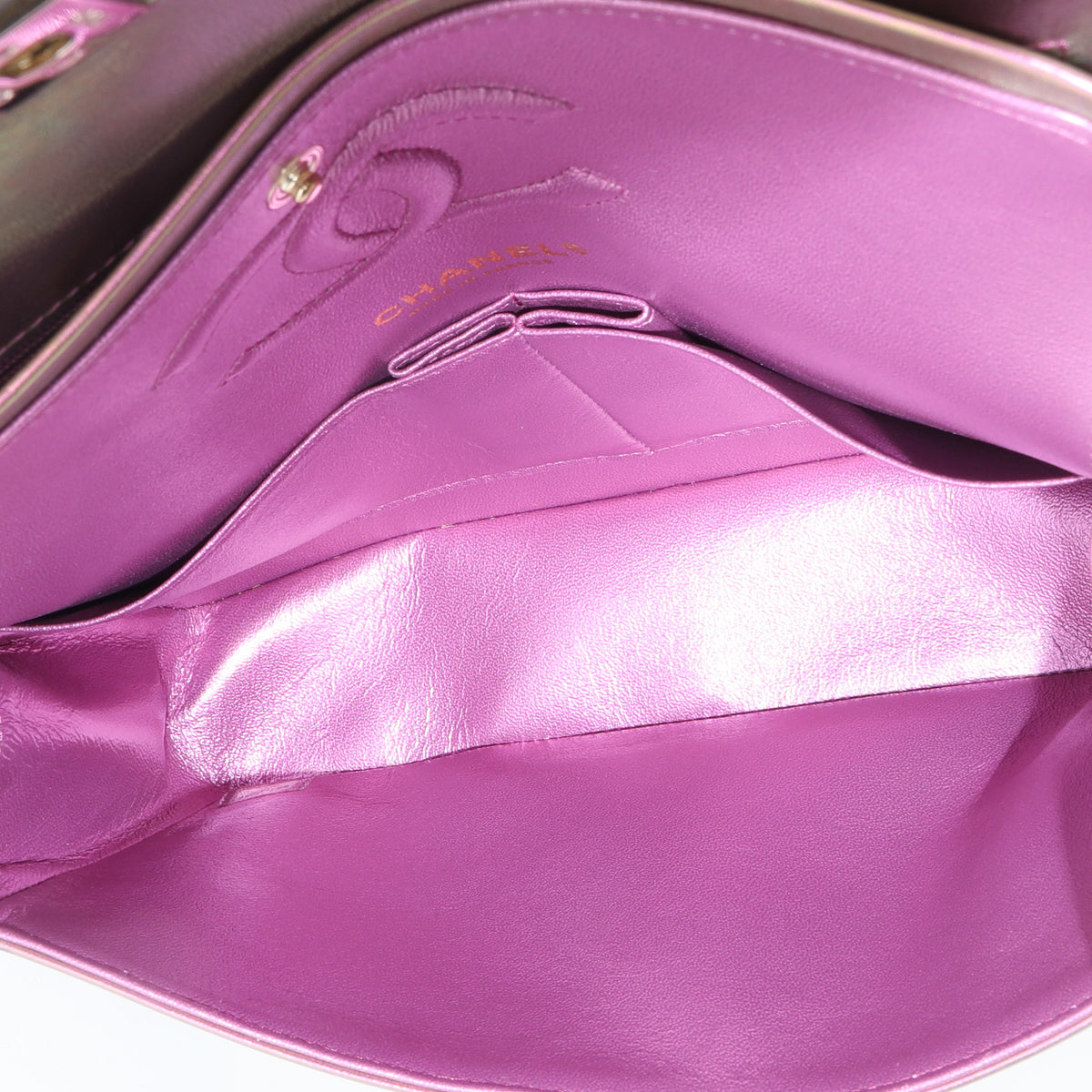 20B Purple Quilted Iridescent Lambskin Medium Classic Double Flap Bag