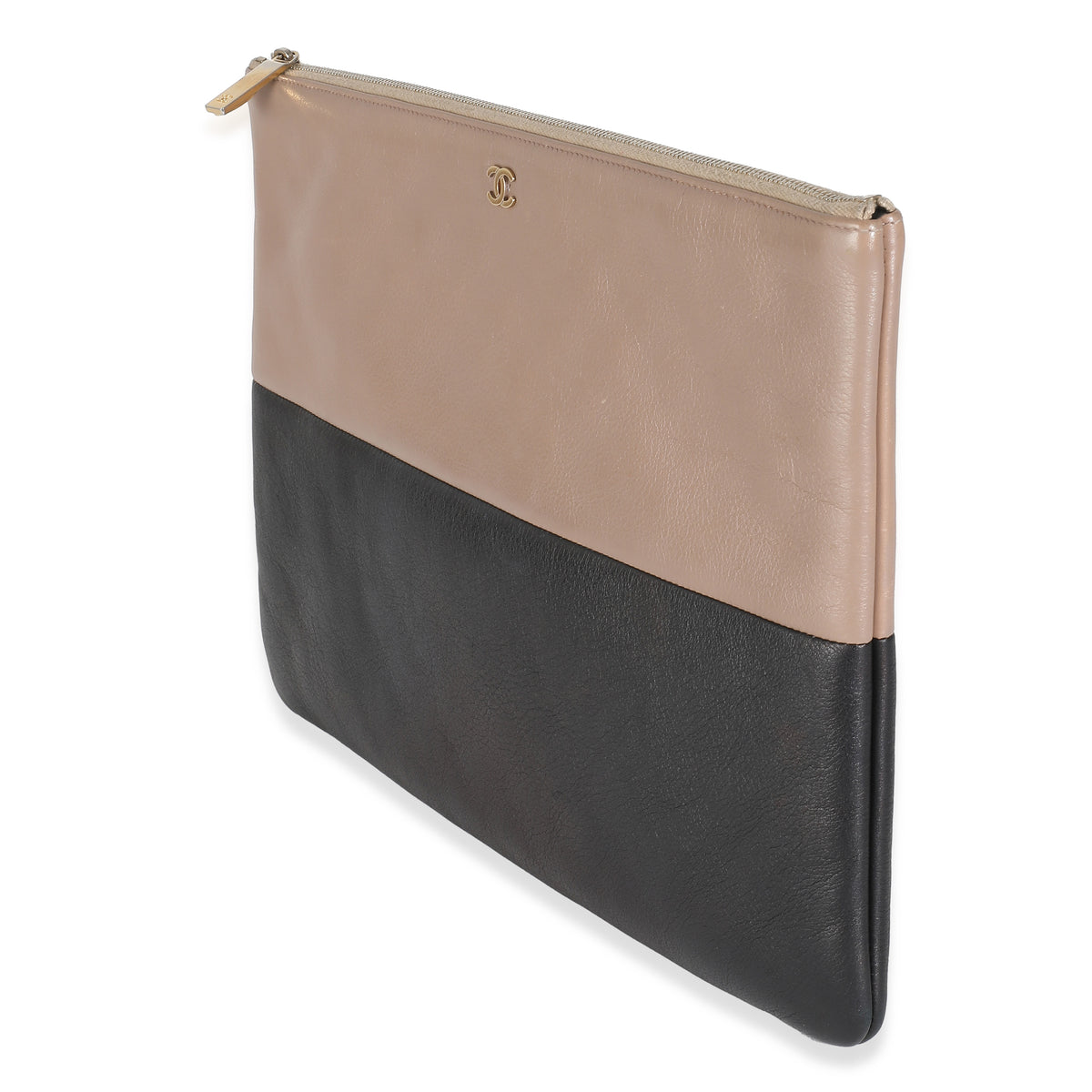 Black Beige Calfskin CC Medium O Zip Case