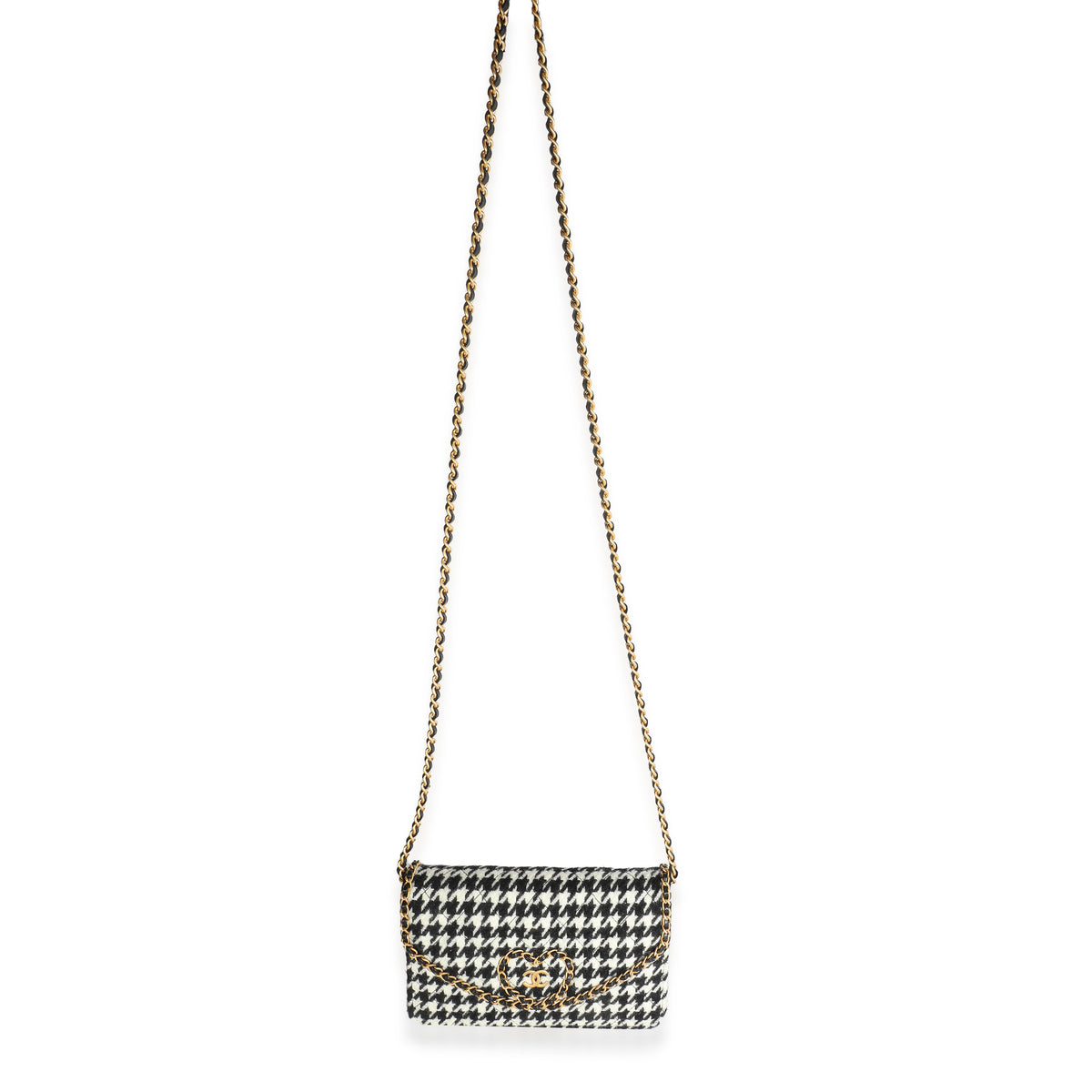 Black White Houndstooth Tweed Heart CC Wallet On Chain