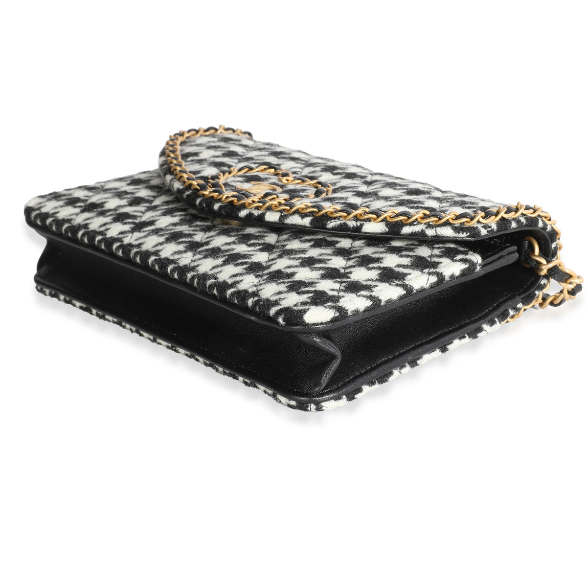 Black White Houndstooth Tweed Heart CC Wallet On Chain