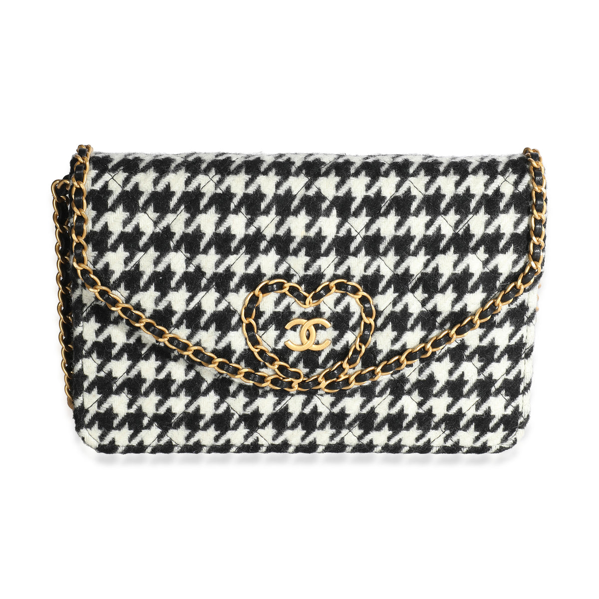 Black White Houndstooth Tweed Heart CC Wallet On Chain