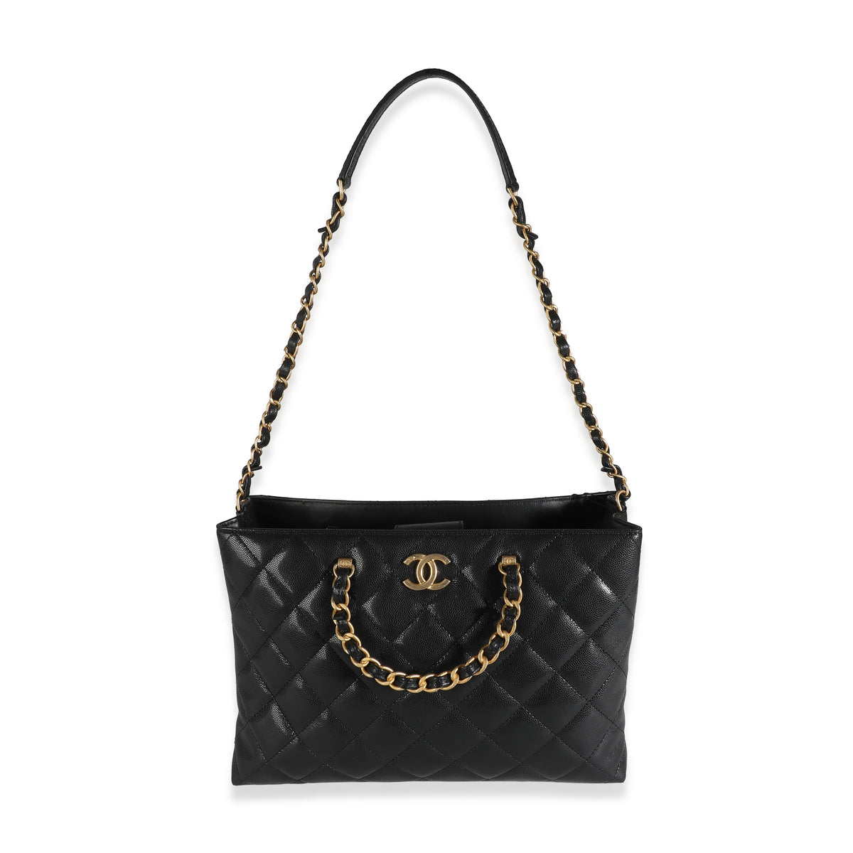 24S Black Quilted  Small Metal Handle Shopping Bag