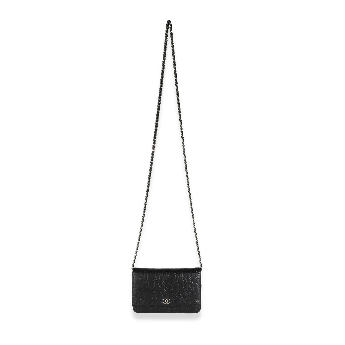 Black Camellia Lambskin Wallet On Chain