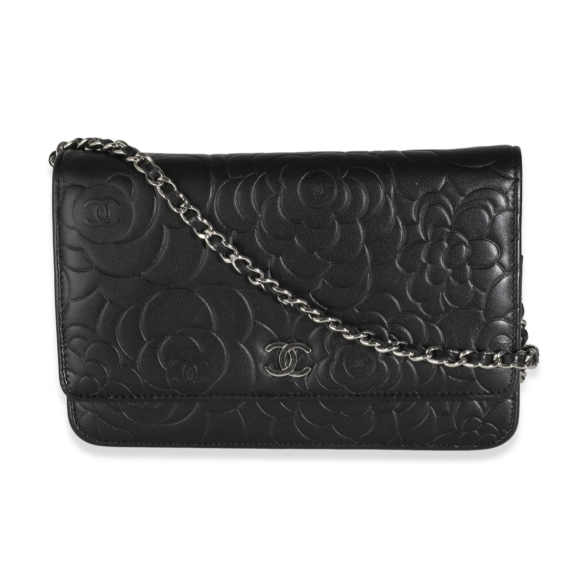 Black Camellia Lambskin Wallet On Chain