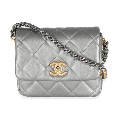 Grey Metallic Quilted Lambskin Mini Side Note Flap Bag