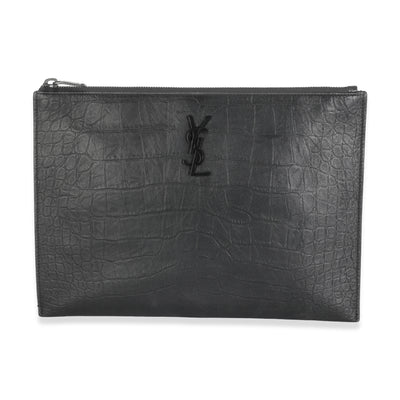 Black Calfskin Crocodile Embossed Cassandre Zipped Tablet Holder