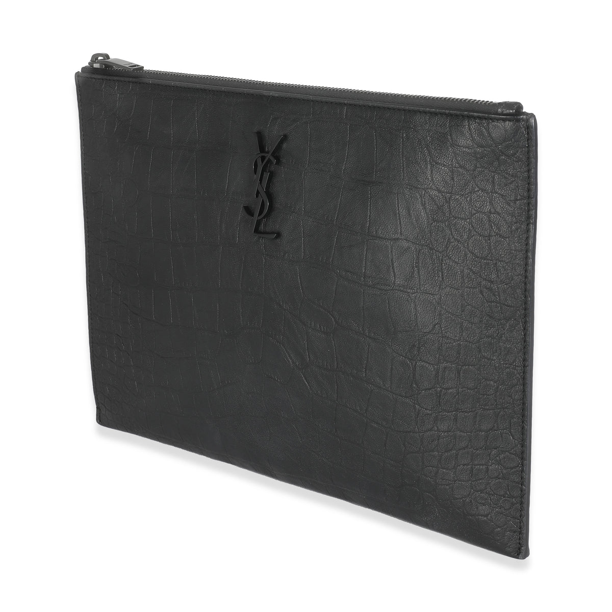 Black Calfskin Crocodile Embossed Cassandre Zipped Tablet Holder