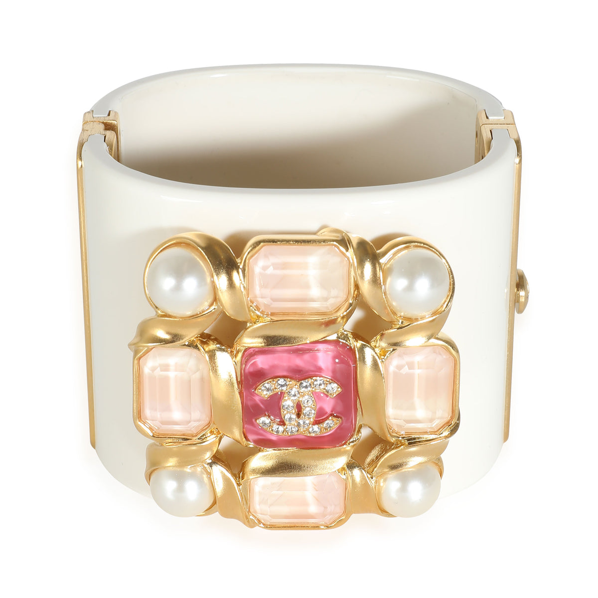 2022White Resin Wide Bangle With Faux Pearl & Gripox