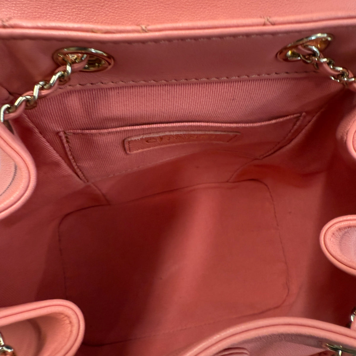 Pink Quilted Lambskin Mini Duma Drawstring Backpack