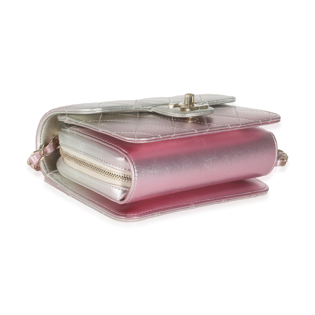 Chanel Gold Pink Ombre Metallic Lambskin Like A Wallet Flap Bag Handbag clasp