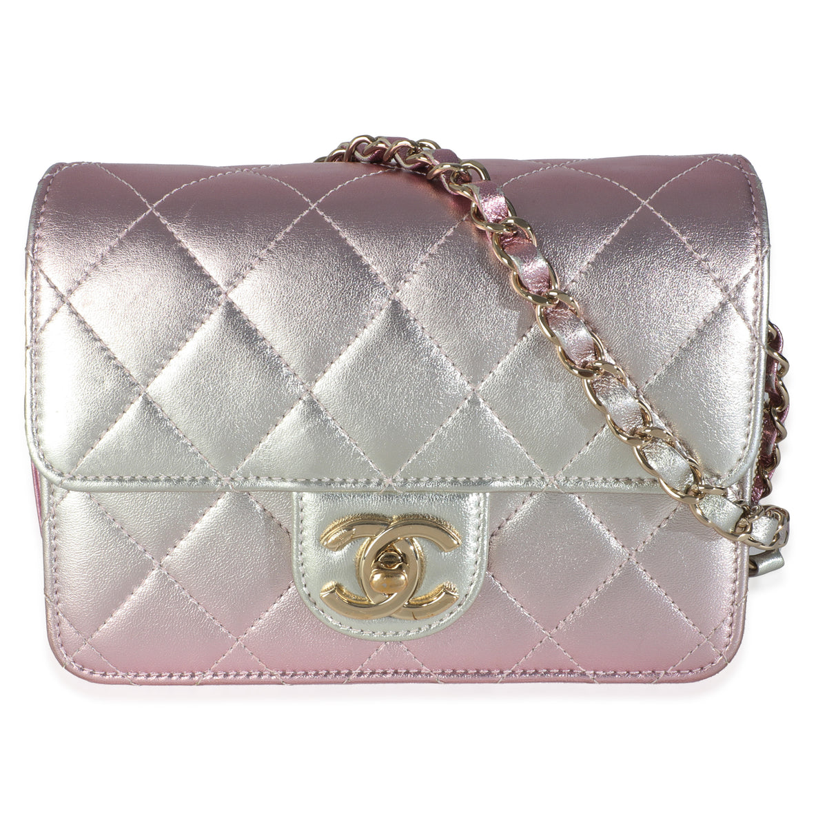 Chanel Gold Pink Ombre Metallic Lambskin Like A Wallet Flap Bag Handbag fv
