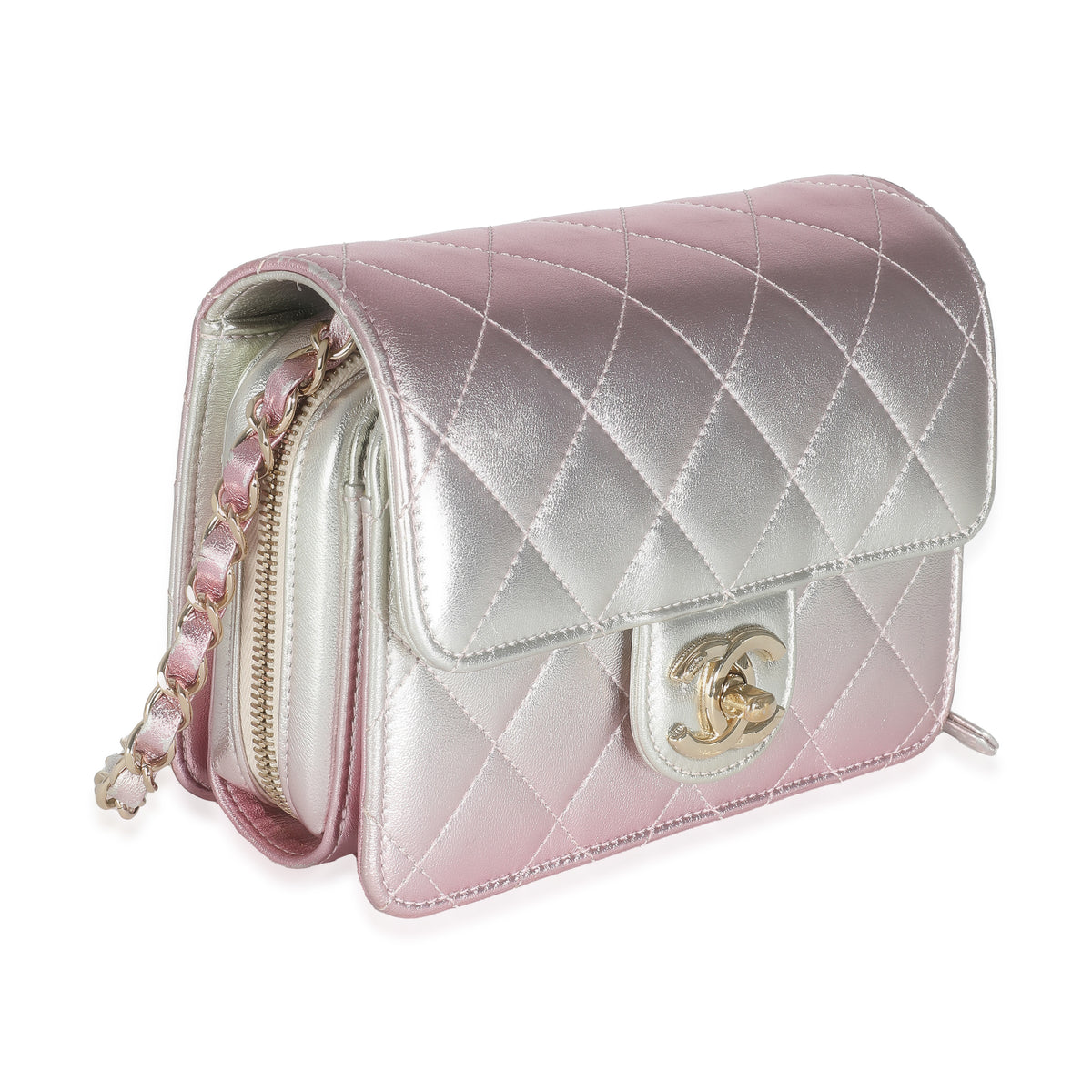 Chanel Gold Pink Ombre Metallic Lambskin Like A Wallet Flap Bag Handbag pv