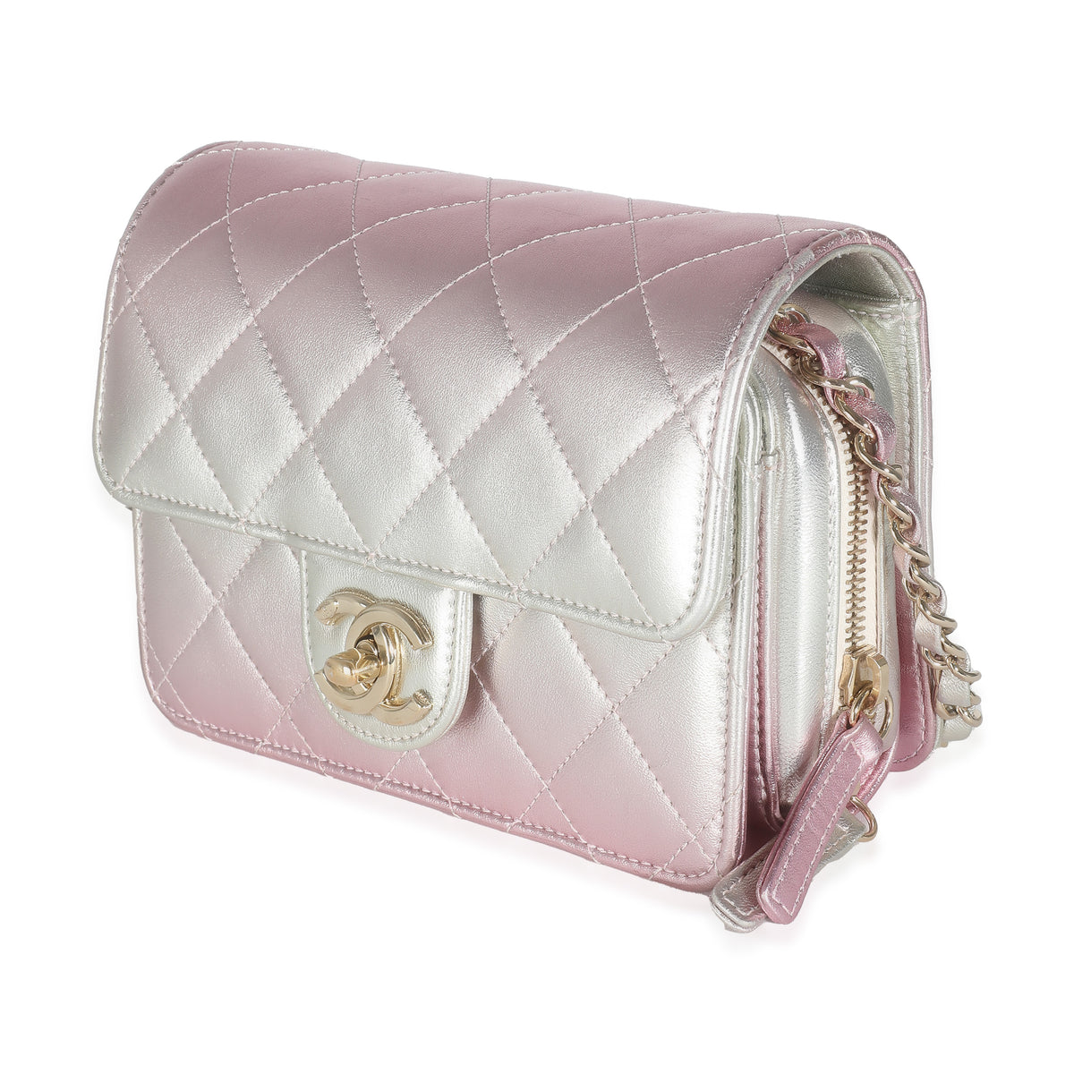 Chanel Gold Pink Ombre Metallic Lambskin Like A Wallet Flap Bag Handbag sv