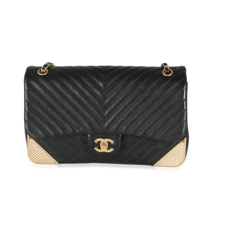 Black Chevron Calfskin Rock The Corner Flap Bag