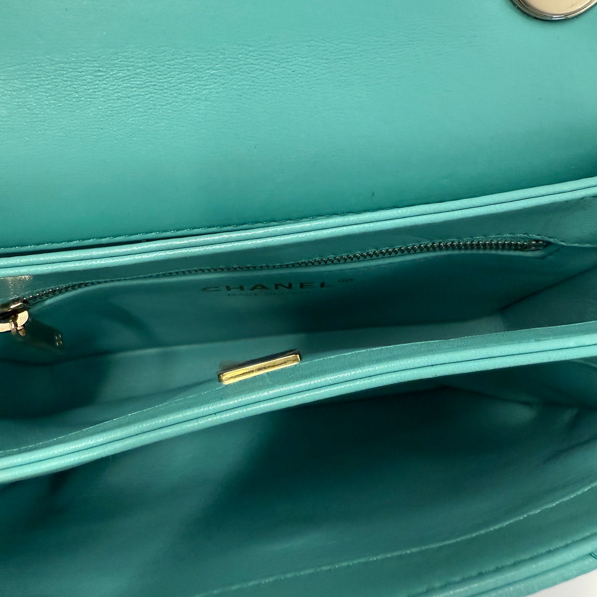 24C Turquoise Quilted Lambskin Mini Trendy Top Handle