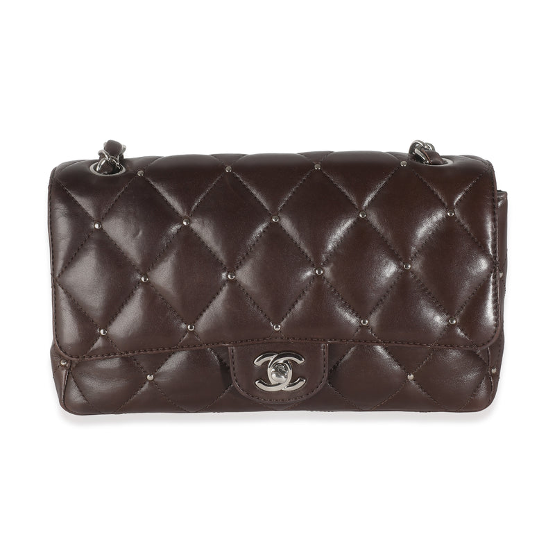 Brown Quilted Studded Lambskin Medium Single Flap Bag