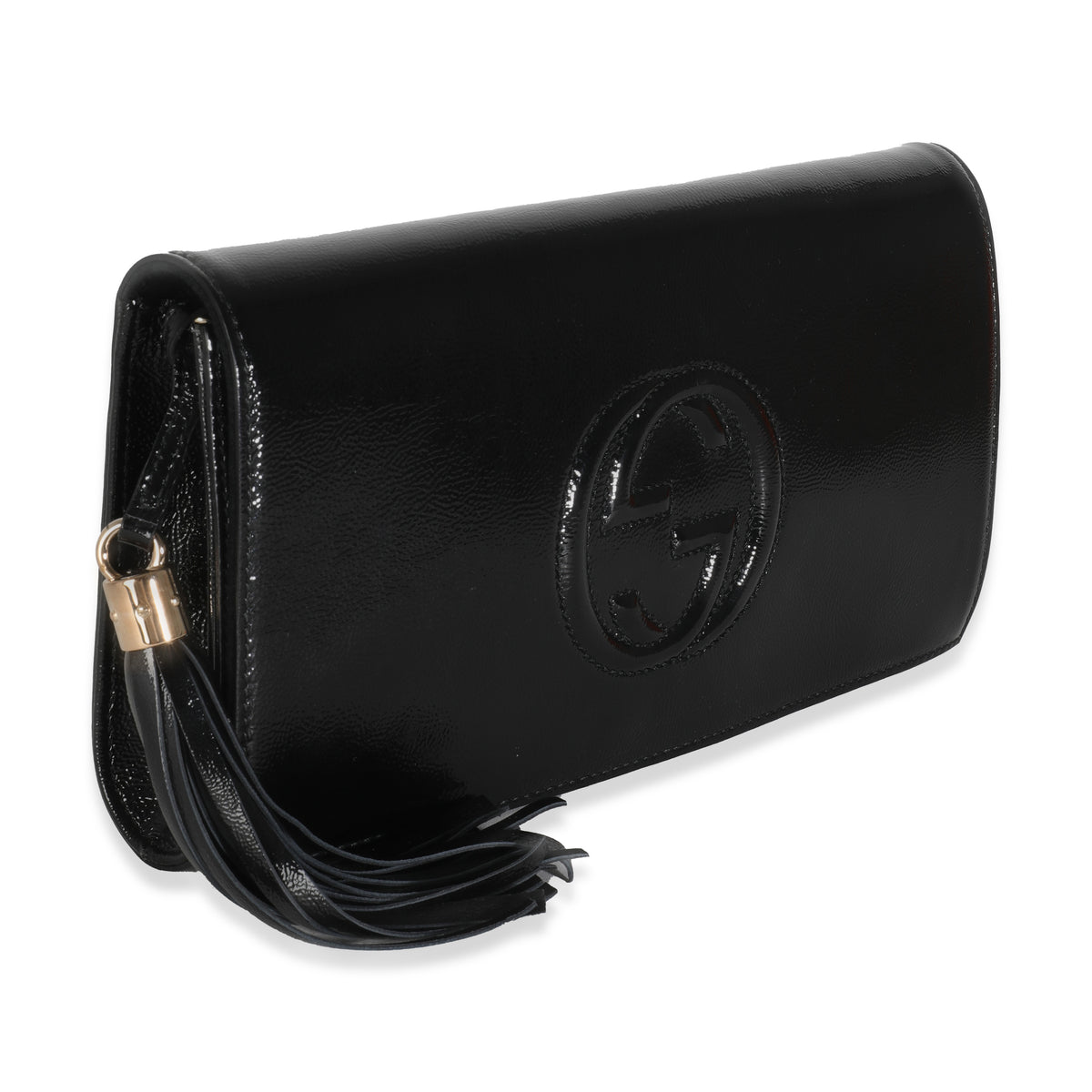 Black Patent Soho Flap Tassel Clutch