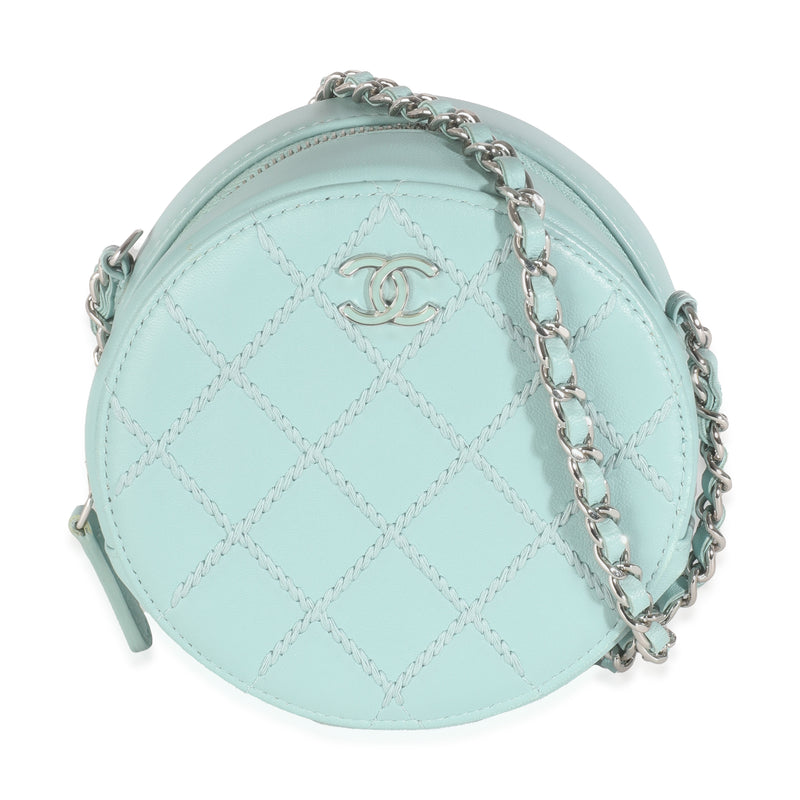 Light Blue Quilted Lambskin Round Clutch On Chain