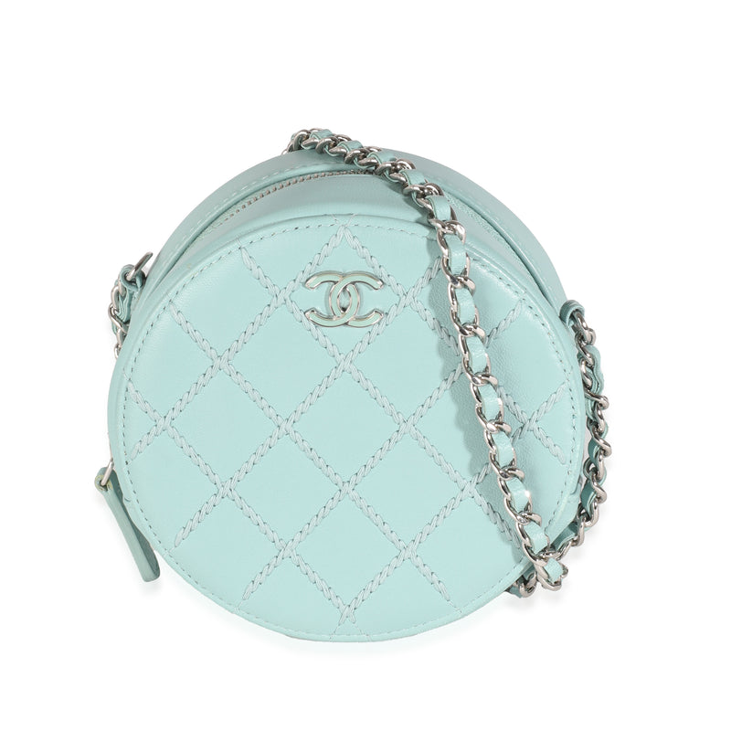 Light Blue Quilted Lambskin Round Clutch On Chain