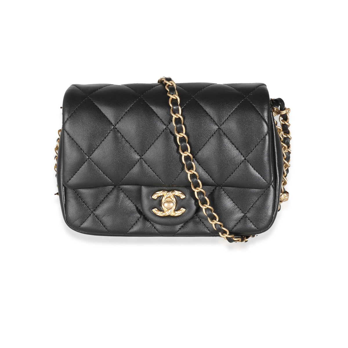 Black Quilted Lambskin Chain Around Mini Square Flap Bag