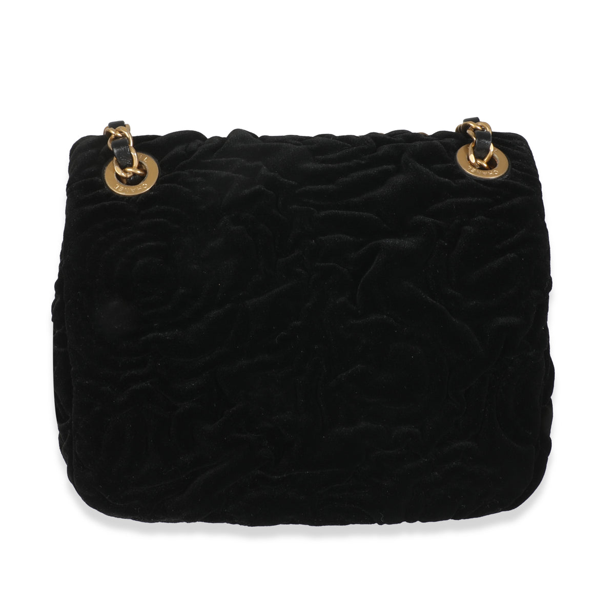 Chanel Black Camellia Embossed Velvet Mini Square Flap Bag Handbag bv