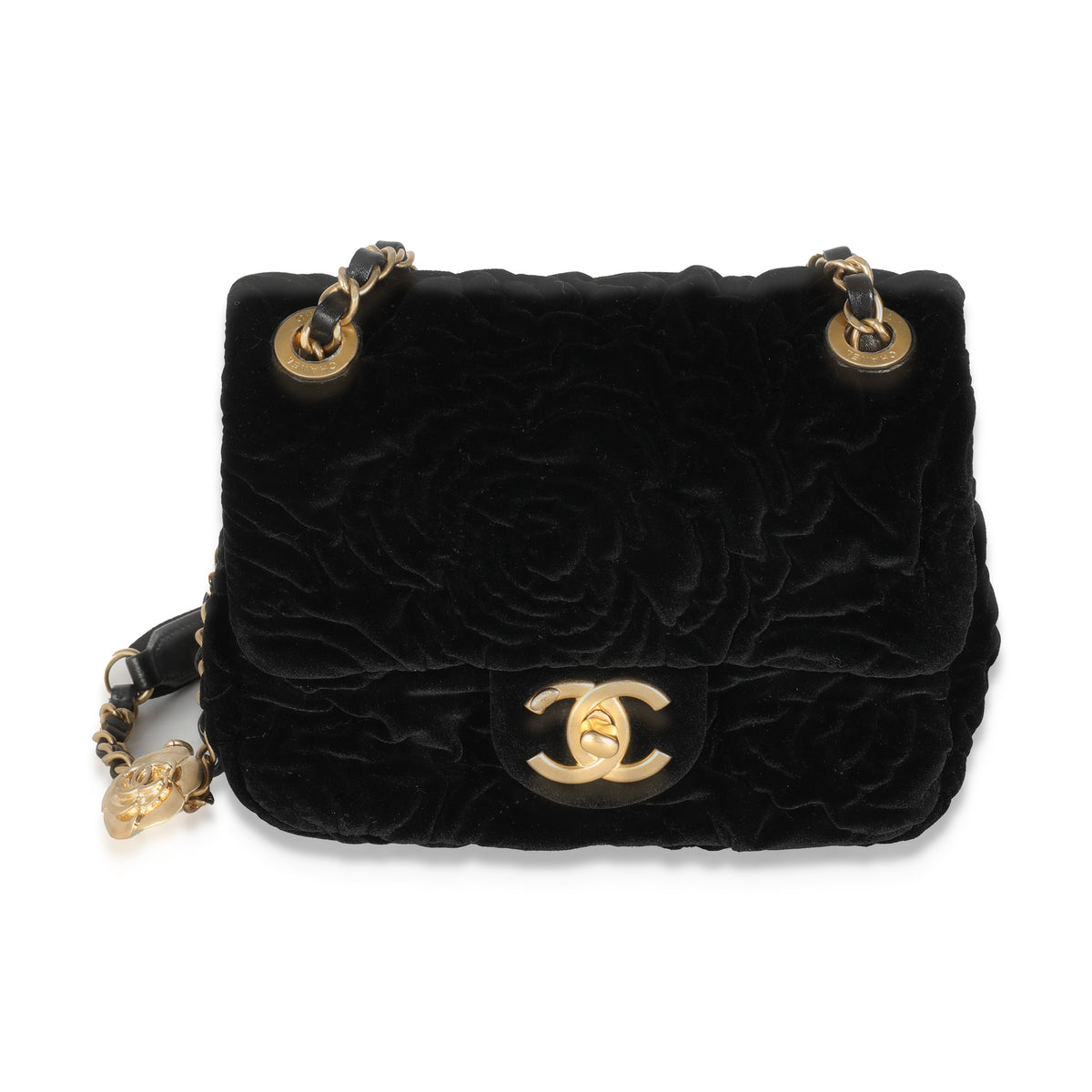 Chanel Black Camellia Embossed Velvet Mini Square Flap Bag Handbag fv