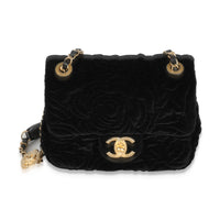 Chanel Black Camellia Embossed Velvet Mini Square Flap Bag Handbag fv
