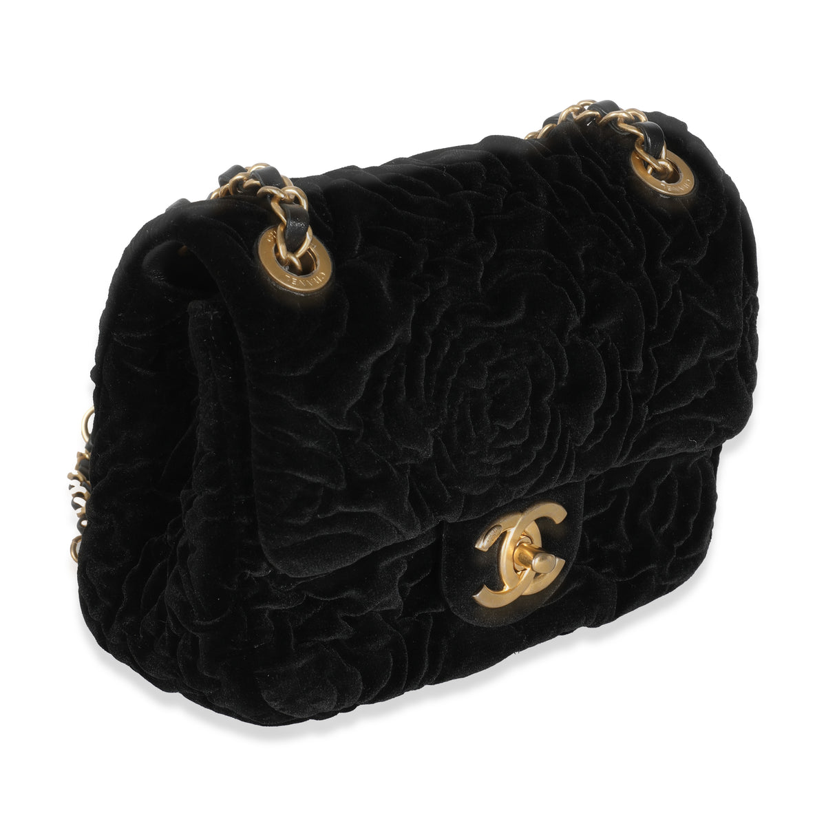 Chanel Black Camellia Embossed Velvet Mini Square Flap Bag Handbag pv
