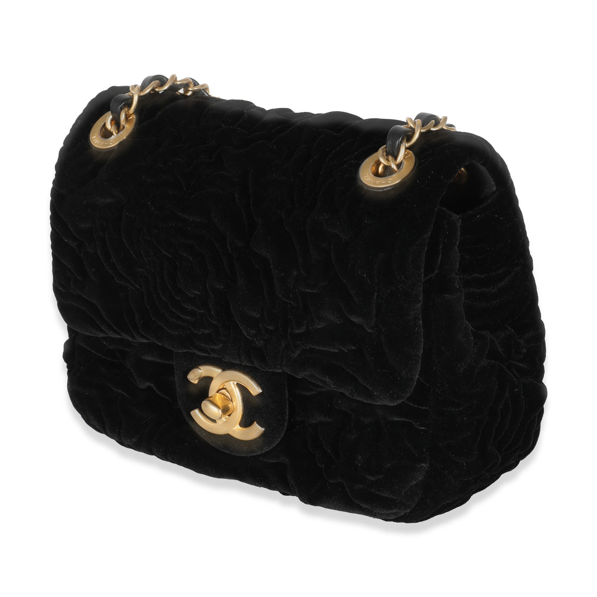 Chanel Black Camellia Embossed Velvet Mini Square Flap Bag Handbag sv