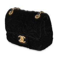 Chanel Black Camellia Embossed Velvet Mini Square Flap Bag Handbag sv