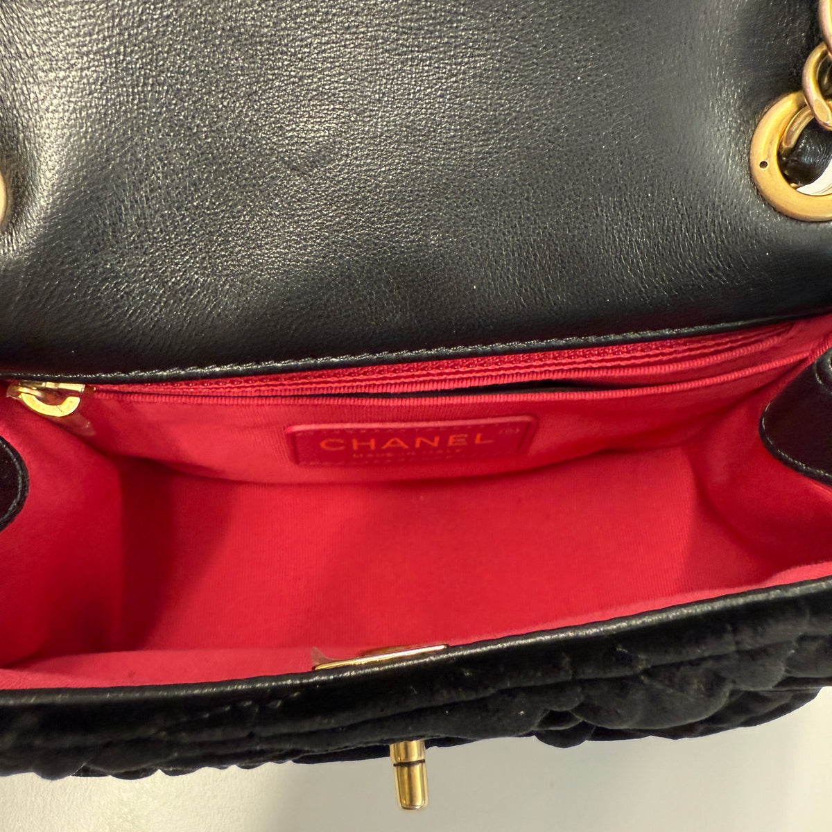 Black Camellia Embossed Velvet Mini Square Flap Bag