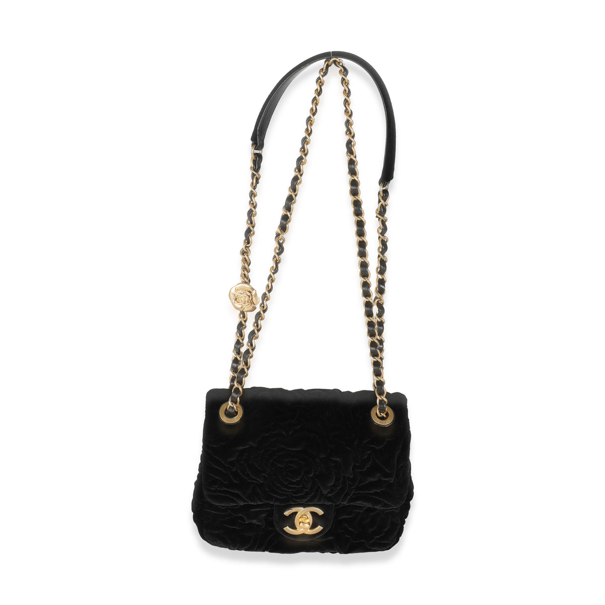 Black Camellia Embossed Velvet Mini Square Flap Bag