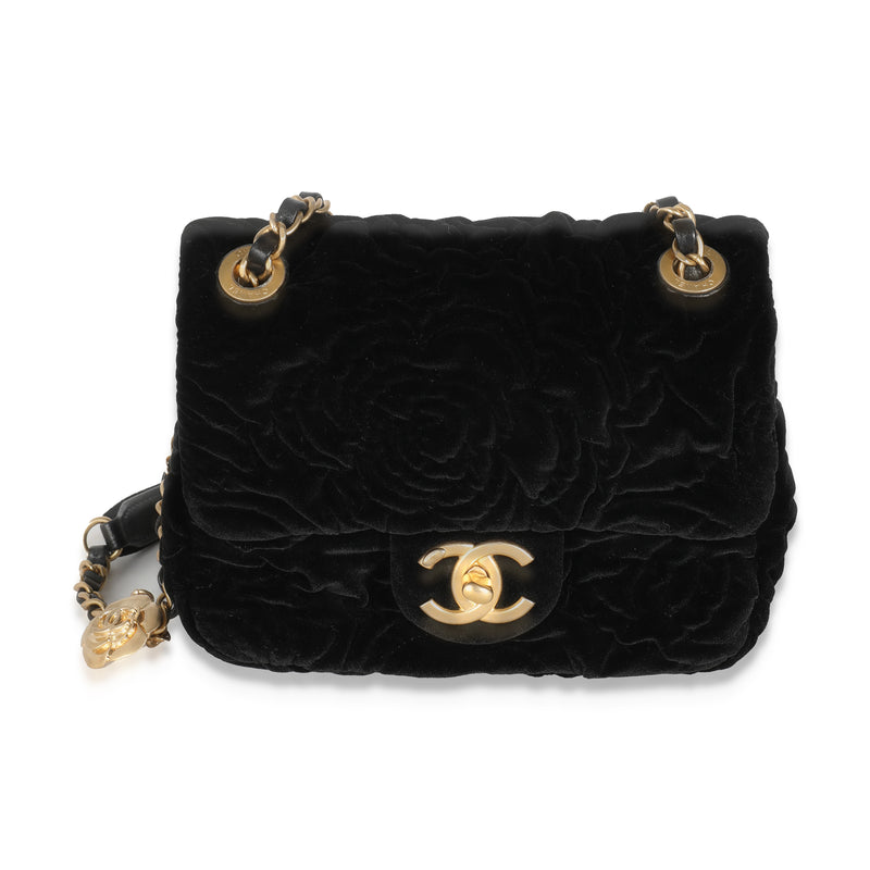 Black Camellia Embossed Velvet Mini Rectangular Flap Bag