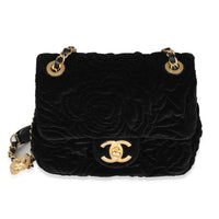 Black Camellia Embossed Velvet Mini Rectangular Flap Bag