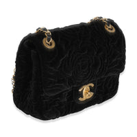 Black Camellia Embossed Velvet Mini Square Flap Bag