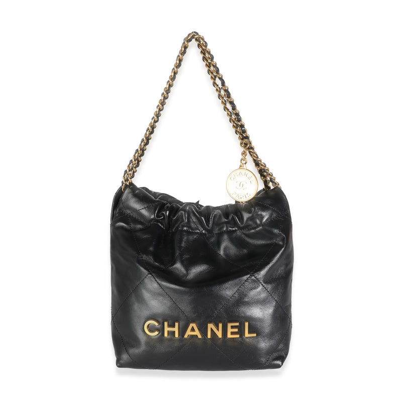 Black Shiny Quilted Calfskin Mini Chanel 22